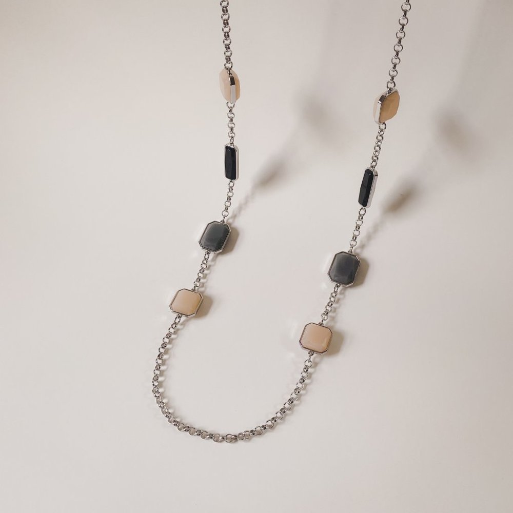 Chico's 45" Silver Chain Chunky Faceted Stationed Jewels Neutral Tone Necklace